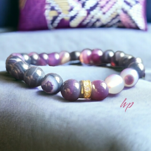 Hand Crafted Jewelry - Purple Striped Agate Gemstone Handcrafted Bracelet with Gold CZ Accent